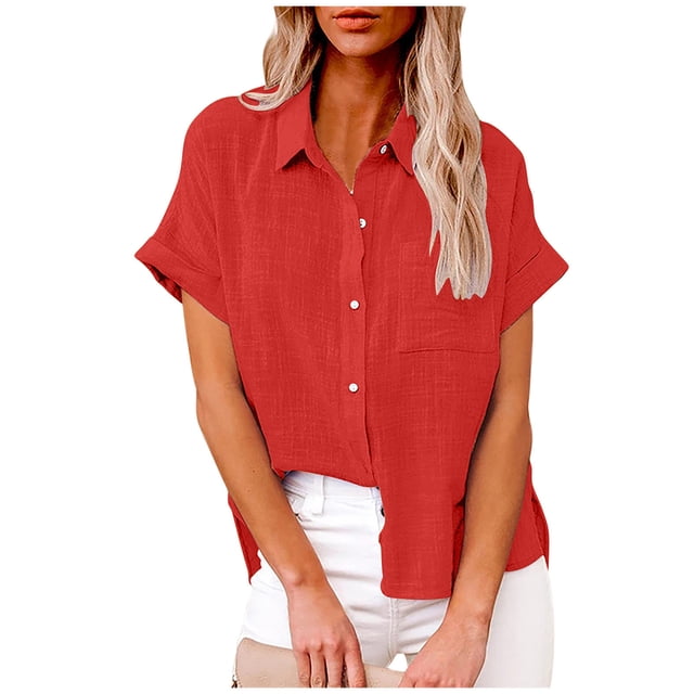 asjyhkr Blouses for Women Button down Short Sleeve T Shirt Solid Color Fashion Summer Tops Solid Color