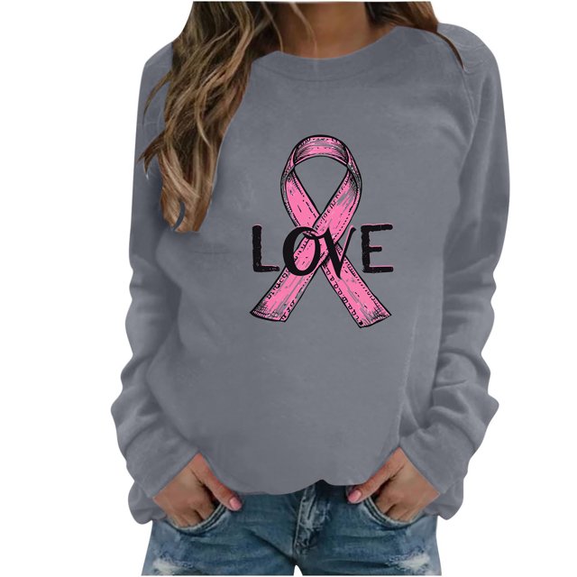 Chemises Décontractées Amples pour Femmes à Imprimé Ruban, T-Shirts à Manches Longues, Col Rond, Coupe Régulière, Blouses chandail-Over, Blouses pour Femmes P-20 Gris TG