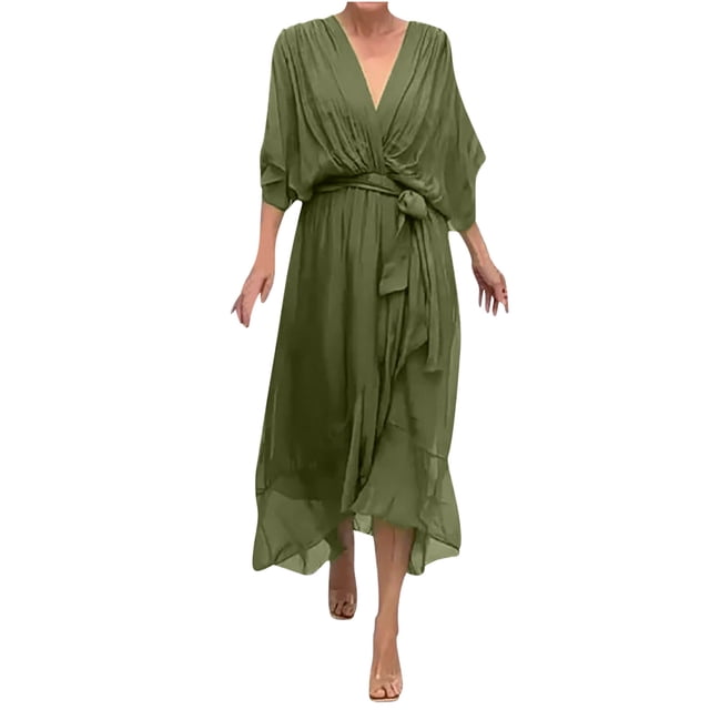BEFOKA Robe pour Femme Grande Taille, Liquidation de Robes d'Été pour Femmes, Robe Longue Irrégulière Décontractée Unie à Lacets pour Femme