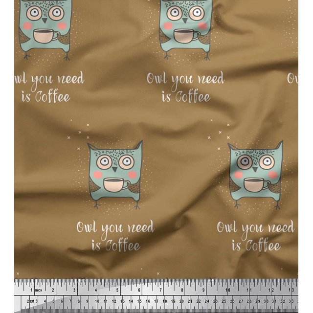 Soimoi Brown Poly Georgette Fabric Text & Owl Cartoon Decor Fabric Printed Yard 42 Inch Wide
