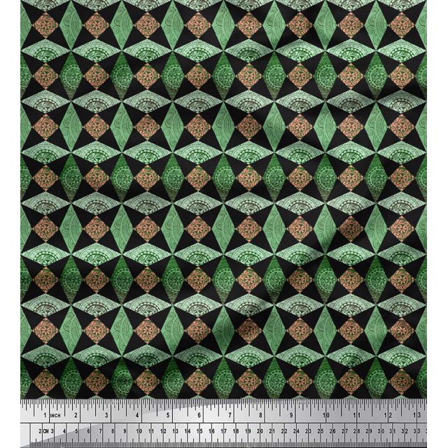 Soimoi Green Georgette Viscose Fabric Diamond & Triangle Geometric Printed Fabric 1 Yard 42 Inch Wide