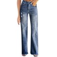 thumbnail image 3 of Bigersell Straight Jeans Women Straight Jeans Sale Bell Bottom Jeans Ankle Leg Denim Pants Button Closure Washed Distressed Female Ripped Jeans Fitted High Waist Full Length Pants Style J-39 Blue XL, 3 of 5