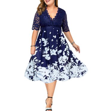 KVMeteor Women's Plus Size Floral See Through Lace Deep V Neck Short Sleeve Dress