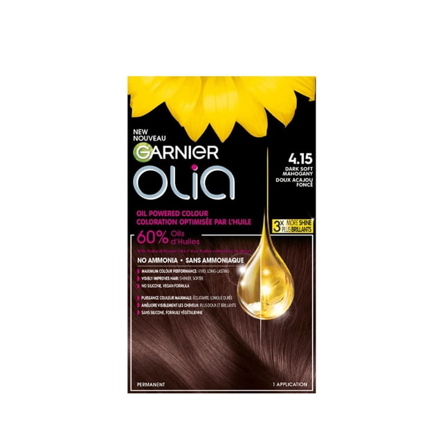 Olia Permanent Hair Dye Ammonia Free by Garnier in shade 4.15 Dark Soft Mahogany, oil-powered with 60% natural flower oils for vivid, long-lasting colour and 3x more shine, ammonia and silicone free, vegan formula that improves hair softness and shine.
