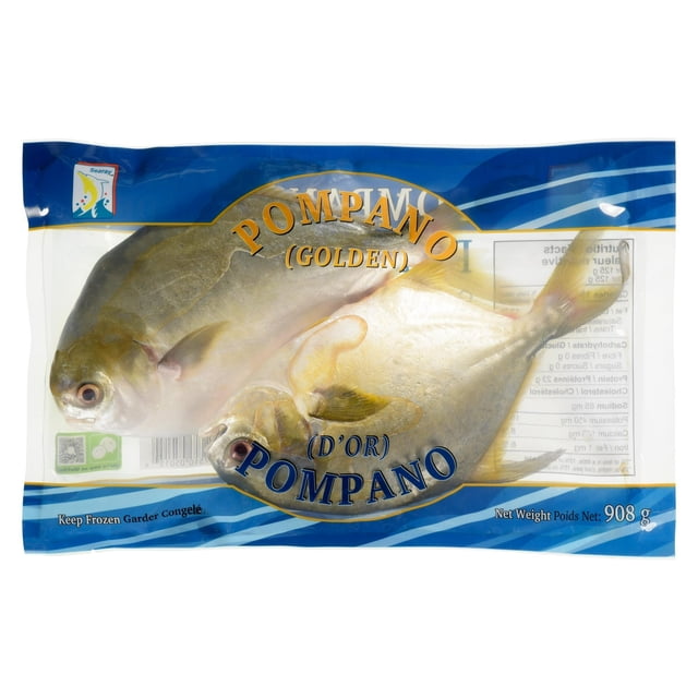 Searay Pompano (Golden), Frozen, 2 pieces, 908 g, vacuum-sealed in blue and clear packaging displaying two whole golden pompano fish with firm white flesh and mild taste, suitable for grilling, steaming, frying, or sautéing, with nutrition facts visible on the back.