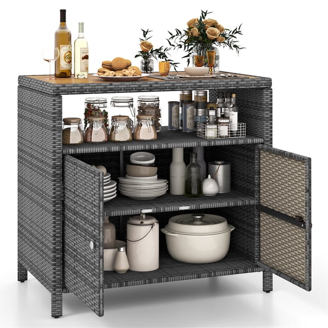 Gymax Patio Rattan Storage Cabinet w/ Acacia Wood Countertop Open Shelf 2 Door Cabinet