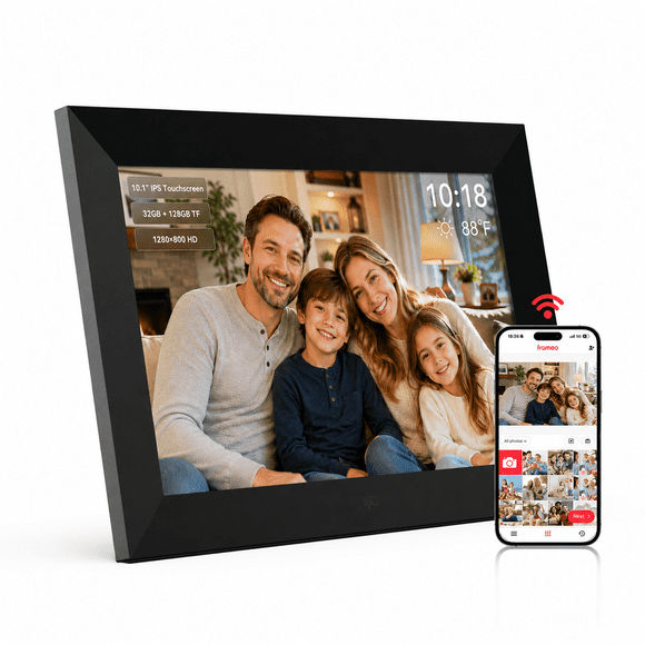FPD 10.1 inch WiFi Digital Photo Frame with Frameo App, 1280 x 800 IPS Touch Screen, 32GB Storage, 128GB microSD/TF Card Expansion, Auto-Rotate, Wall Mountable-Black