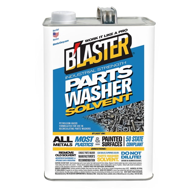 B'laster 128-PWS Industrial Strength Parts Washer Solvent in a rectangular metal container with a white and blue label. The label highlights its petroleum-based formula for use in recirculating parts washers, suitable for all metals, most plastics, and painted surfaces. The container features a screw cap and a metal handle for easy pouring.