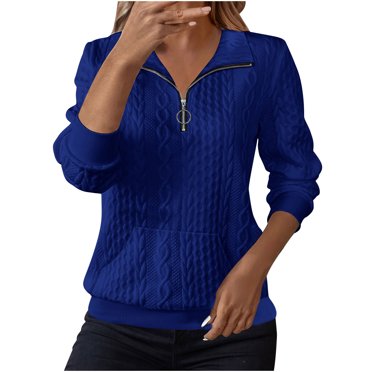 Timegard Hauts pour Femmes Col en V à Revers Fermeture Éclair Manches Longues Tunique Décontractée Confortable Texture Chandail