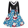 thumbnail image 1 of TIMIFIS Robes de Noël pour Femmes Imprimé de Noël Laid Robes Ligne A Robe de Bal Col en V Manches Longues Plissée Rétro, 1 of 3