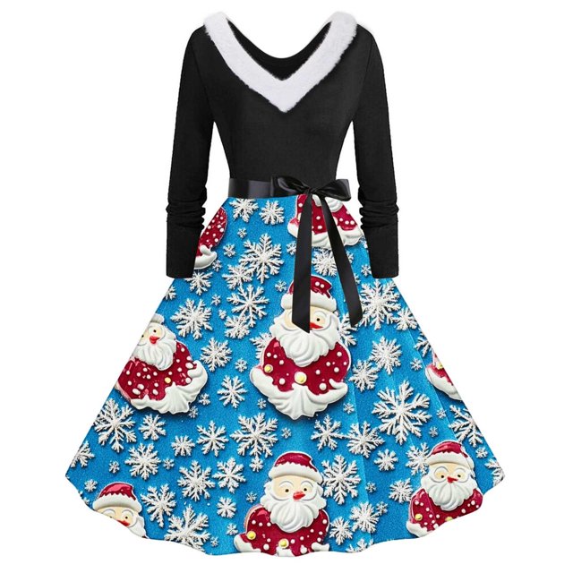 TIMIFIS Robes de Noël pour Femmes Imprimé de Noël Laid Robes Ligne A Robe de Bal Col en V Manches Longues Plissée Rétro