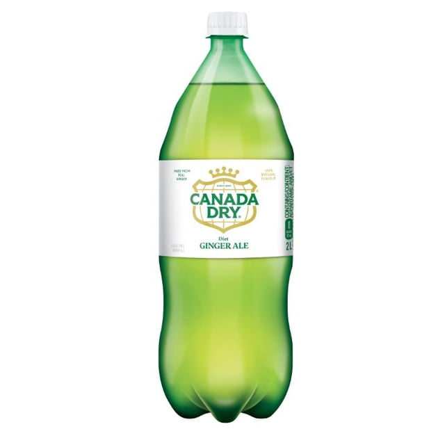 Canada Dry® Diet Ginger Ale 2L Bottle in green plastic with a white label featuring the Canada Dry logo and text stating it is diet ginger ale with natural ginger flavor, caffeine free, sugar free, and zero calories, suitable for refreshing soft drink enjoyment or as a cocktail mixer.