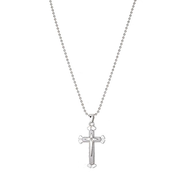 Iumwxz Black 3-layer Split Pendant Titanium Steel Necklace Stainless Steel featuring a cross-shaped pendant with intricate detailing, suspended on a delicate chain. The necklace is crafted from durable stainless steel with a black finish, suitable for religious or commemorative purposes. The pendant measures approximately 6.3 cm in size.