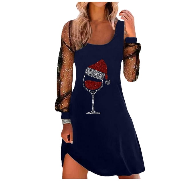 CEHVOM Robe Femme Mode Tempérament Manches Longues Col Rond Noël Coupe de Vin Rouge Strass Vente