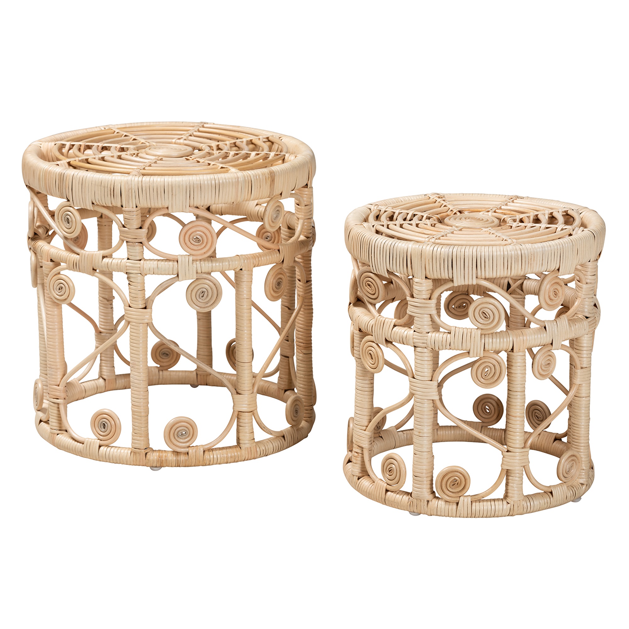 Baxton Studio Ensemble de Tables d'Appoint Gigognes 2 Pcs en Rotin Brun Naturel Moderne Bohème