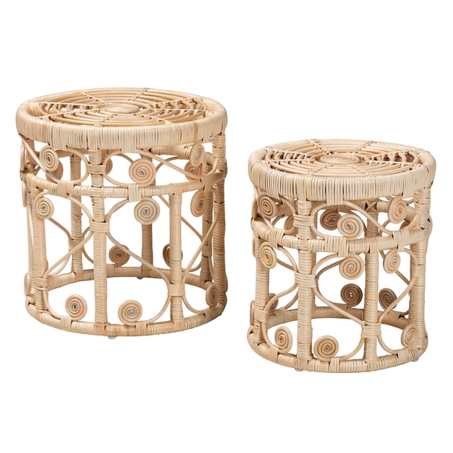 Baxton Studio Ensemble de Tables d'Appoint Gigognes 2 Pcs en Rotin Brun Naturel Moderne Bohème