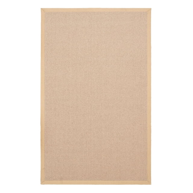 Athena Natural & Beige 4' x 6' Accent Rug with a natural wool tufted surface and beige cotton binding featuring mitered corners, displayed flat on a white background, suitable for layering and defining small spaces in transitional home decor.