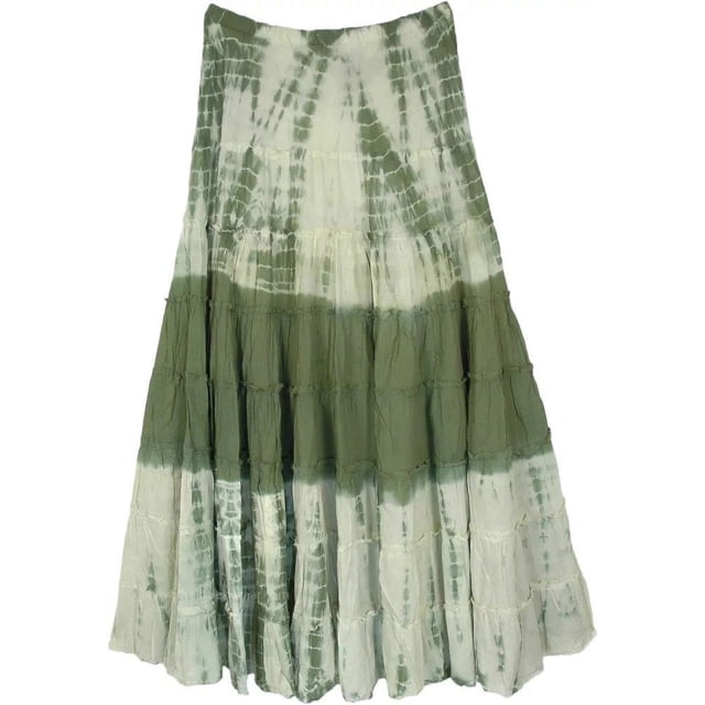 Women Retro Style Skirt Elastic Waist Tie-dyed Print Ruffled Long Skirt