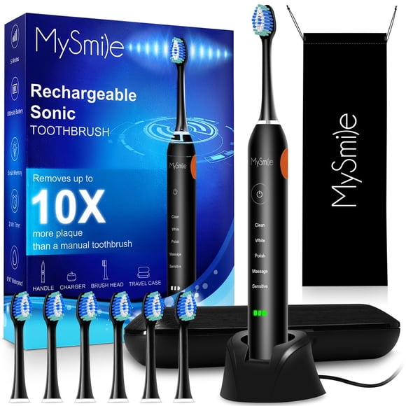 MySmile Brosse à Dents Électrique Sonique Rechargeable pour Adultes et Enfants avec 6 Têtes de Rechange 5 Modes, Noire