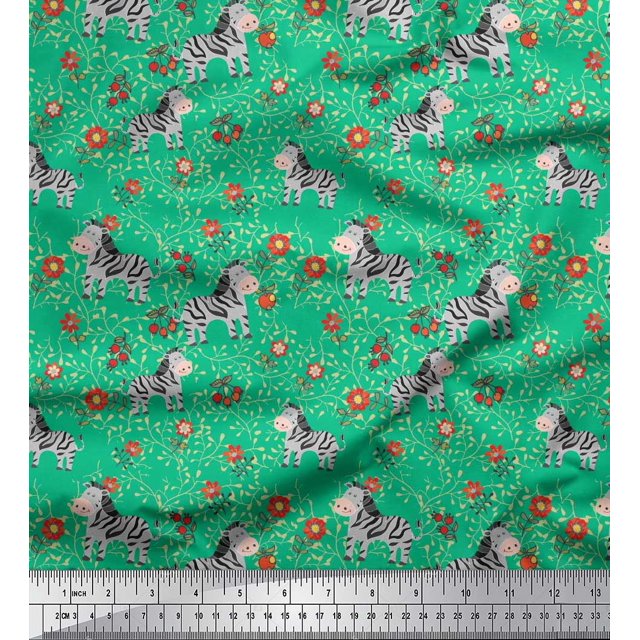 Soimoi Green Polyester Crepe Fabric Leaves,Floral & Animal Cartoon Print Sewing Fabric BTY 52 Inch Wide