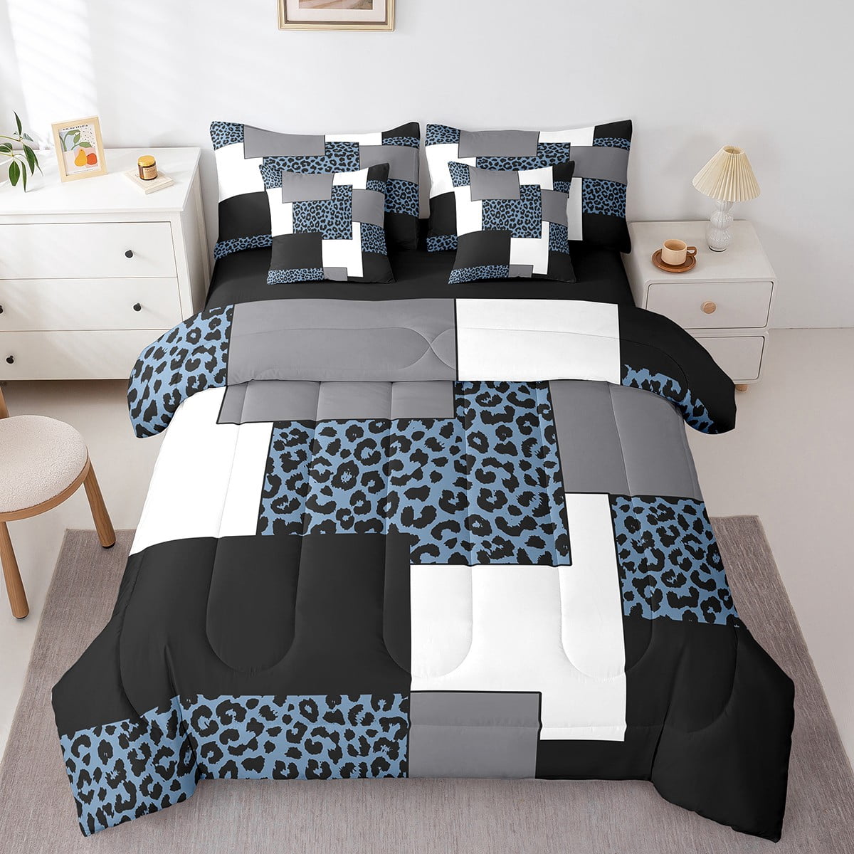 YST Black White Striped 7 Pcs Comforter Set King,Navy Blue Leopard Pattern Bed in A Bag,Geometric Bedding Sets,Modern Square Reversible Bed Sets with Sheet Set Microfiber