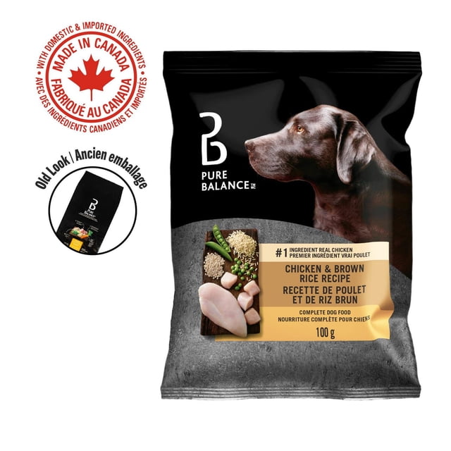 Pure Balance Chicken & Rice Recipe Dry Dog Food 100g bag with black and gray packaging featuring a brown dog profile, brand logo, and label highlighting real chicken as the first ingredient with brown rice and peas for healthy digestion, made in Canada with domestic and imported ingredients, suitable for all life stages.