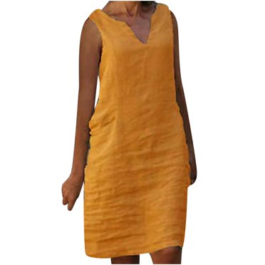 Leutsin Mode Femmes Décontracté Grande Taille Robe Sans Manches Col en V Couleur Unie en Lin