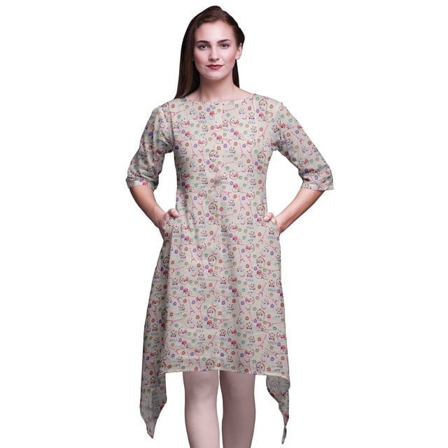 Bimba Mélange Rose Chat et Tour Eiffel Kurtas pour Femmes Ethniques Imprimés Asymétriques Hauts d'Été pour Femmes XXX-Large