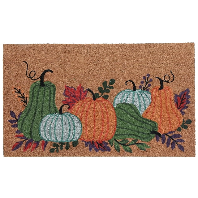 Tapis de Porte en Fibre de Coco (Citrouilles) Mesurant 18 par 30 Pouces, Fabriqué en Fibre de Coco Naturelle avec une surface Texturée Présentant un Motif Coloré d'Halloween de Citrouilles Vertes, orange et Bleu Pâle Entourées de Feuilles Rouges, Violettes et Vertes, Convient à une Utilisation Intérieure et Extérieure.