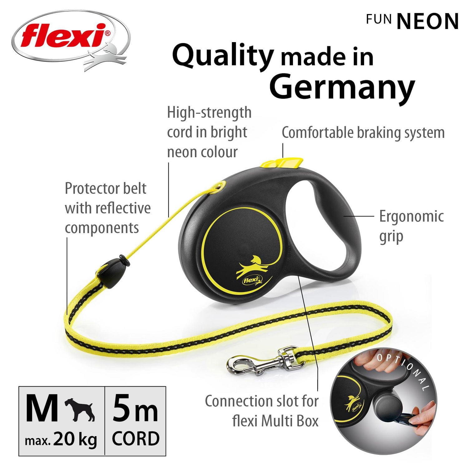 Flexi Moyenne FUN Néon Réfléchissante Rétractable Chien Laisse 5m/16ft