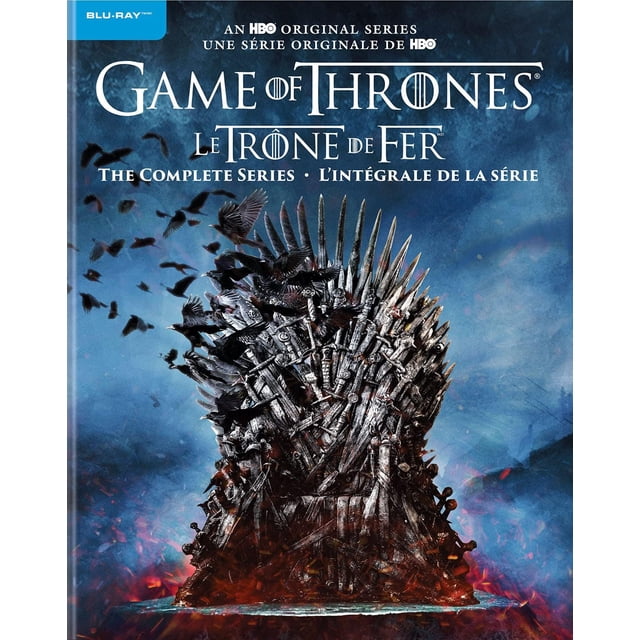 Game of Thrones série Complète (Blu-ray) Couverture Mettant en Vedette l'Emblématique Trône de Fer Entouré de Sombres Corbeaux et d'Un Fond Ardent et Fumé. Comprend un Texte Bilingue en Anglais et en Français, Mettant en Valeur « the Complete Series » et « L'intégrale de la série. » Idéal pour les fans de Films Blu-ray et de Dramas Fantastiques.