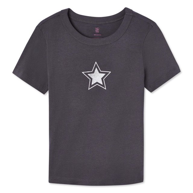 No Boundaries Women's Rib Baby Tee in dark grey with a white outlined star graphic on the chest, rib knit cotton fabric, crew neckline, short sleeves, and straight hem, suitable for casual layering and versatile everyday wear.