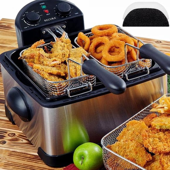 Secura 1700-Watt Stainless-Steel Triple Basket Electric Deep Fryer with Timer Free Extra Odor Filter, 4L/17-Cup