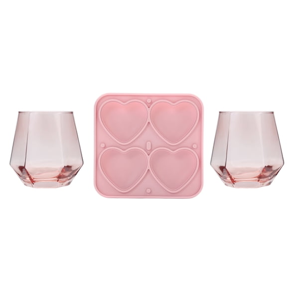 Ensemble de 2 verres à martini sans pied Betsey Johnson de 16 oz et 1 moule à glaçons en forme de cœur, sous licence authentique