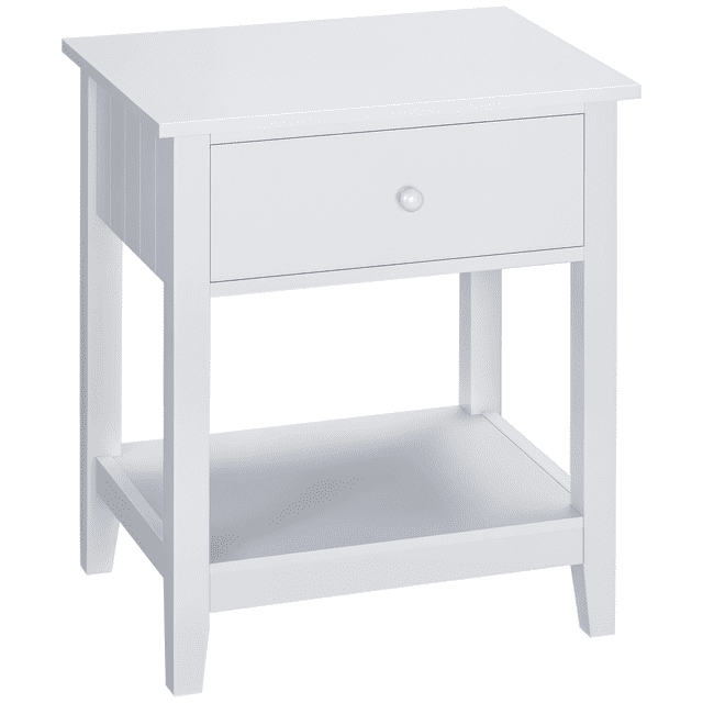 HOMCOM Table de Nuit Moderne, Table d'Appoint avec Tiroir et Tablette de Rangement, Blanc. une Table de Nuit Blanche Compacte en MDF avec Tiroir Coulissant, Doté d'Un Bouton Rond et d'Une Tablette Inférieure Ouverte. des Lignes Verticales Décoratives sur les Panneaux Latéraux Rehaussent Son design Moderne. Idéale pour les Meubles de Chambre Ou comme solution de Rangement. Dimensions : 19,7 Pouces de long, 13,8 Pouces de Large et 23,6 Pouces de Haut.