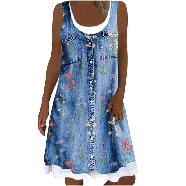 Pisexur Robe en Denim Aguichant pour Femme Sans Manches à Col en V, Robe Midi à Fleurs, Décontractée, Fente Latérale, Robe-Chemise en Jean