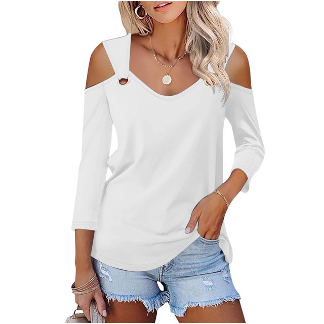RXIRUCGD Femmes Uni Manches 3/4 Col en V Chandail Sans Bretelles Hauts Chemises Blouse, Blanc, Taille : S