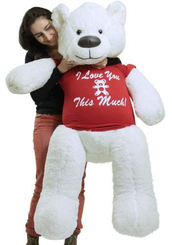 Giant White Teddy Bear Soft 55 Inch, Wears Removable T-shirt I LOVE YOU THIS MUCH