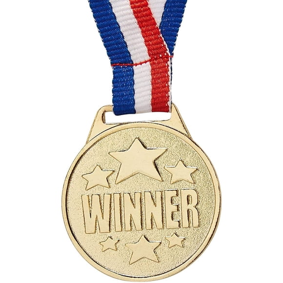 Juvale 12-Pack Bulk Olympic Style Gold Winner Award Medals with Ribbons for Sports, Competitions, Spelling Bees, Party Favors 1.5 Inches Diameter, 15.3 Inches Ribbon Length