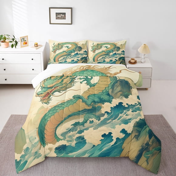 YST Dragon Comforter Set Japanese Style Bedding for Kids Boys Girls Ocean Wave Comforter Asian Theme Duvet Insert + 1 Pillowcase, Twin
