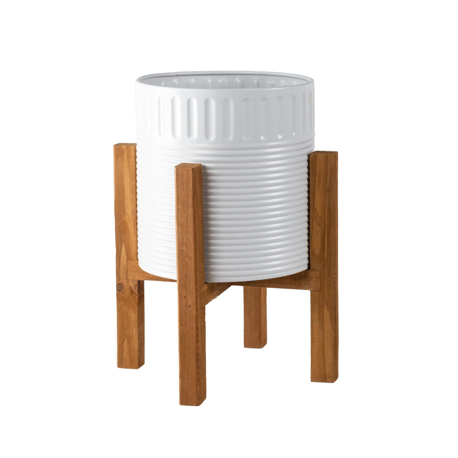 Mainstays Indoor Metal White Round Planters with Wood Stand 14.2"H
