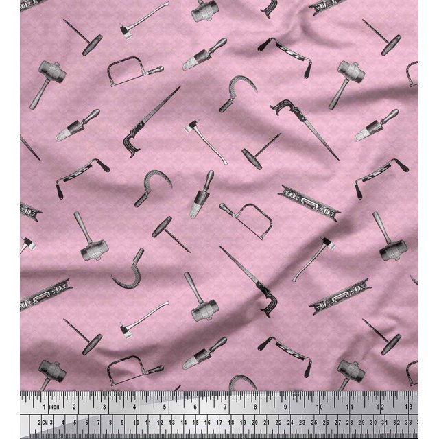 Soimoi Pink Cotton Cambric Fabric Square & Tools Hardware Print Sewing Fabric Yard 56 Inch Wide