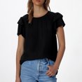 thumbnail image 2 of Plebaso Hauts d'Été pour Femmes Manches Courtes à Volants Blouses Décontractées Col Rond Couleur Unie Chemises Amples pour Femmes, 2 of 7