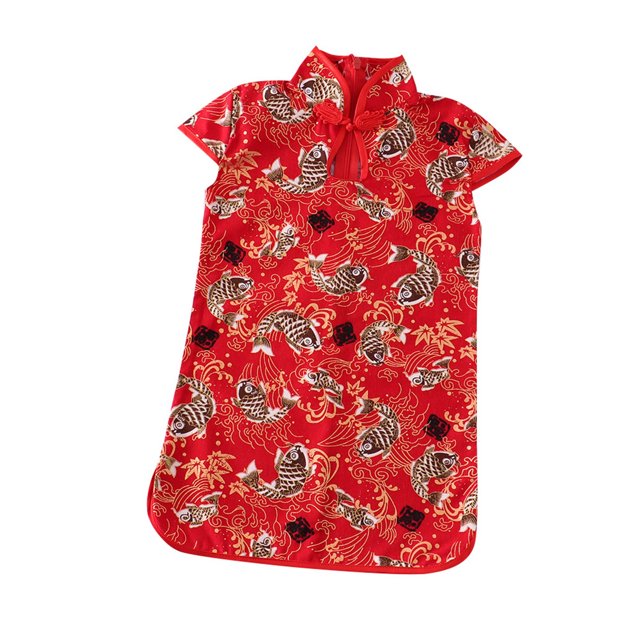 LUOGENLI Robe Été Filles Qipao Cheongsam Enfant Robe Enfants Jupe Ensemble Tang Longue Robe pour Filles Tendance Rouge 8-9 Ans