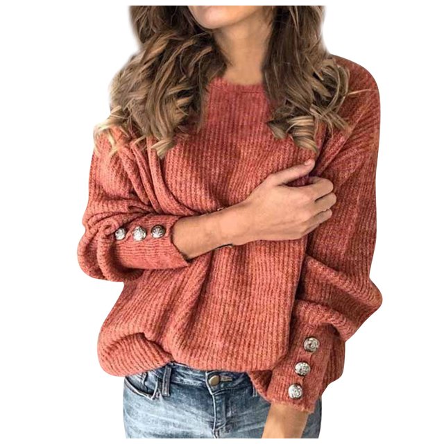 Baberdicy Tricot pour Femmes Manches Longues Couleur Unie Chandail Décontracté Col Rond Ample Chandail-Over Automne Hiver Tricot Manteau pour Femmes Rouge