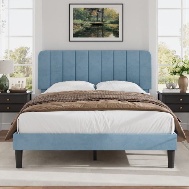 VECELO Queen Size Upholstered Beds, Modern Platform Bed Frame with Adjustable Headboard, Wooden Slats Support/No Box Spring Needed, Light Blue