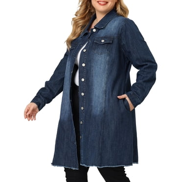 GRACE & GRANDEUR Veste en Denim Maxi à Manches Longues pour Femme Grande Taille, Manteau en Jean Long Usé avec Poches Poitrine 4X Bleu Foncé