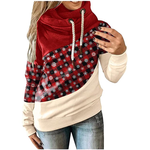 Pompotops Sweatshirts à Capuche pour Femmes, Col Bénitier, Manches Longues, Imprimé de Noël, avec Cordon de Serrage