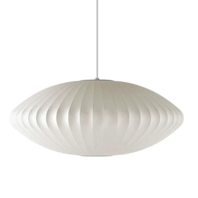 Lugar Pendant 16" Ø ceiling light with a white webbed polymer shade in an elongated oval shape, suspended by an 80-inch white cord, suitable for modern pendant lighting in home interiors.