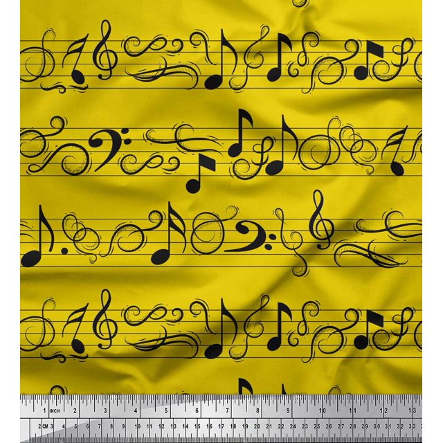 Soimoi Yellow Rayon Crepe Fabric Notes Musical Instrument Print Fabric by the Yard 46 Inch Wide